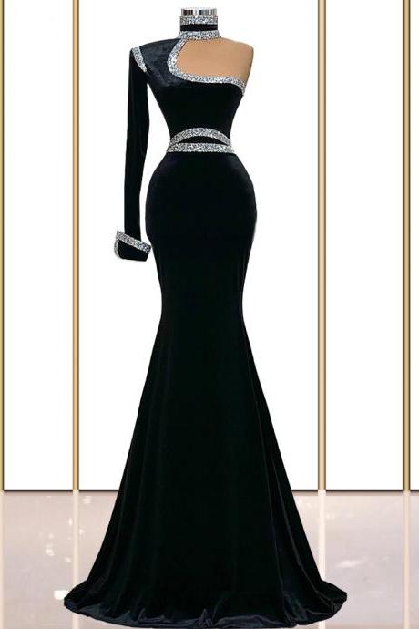 high neck evening dresses long sleeve black beaded mermaid modest elegant simple cheap sexy formal party dresses vestidos de fiesta 