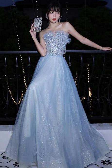 sparkly blue prom dresses 2021 tulle a line floor length cheap simple elegant prom gown 2022 robe de soiree 