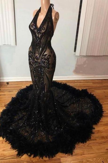 halter evening dresses long feather luxury black modest sequin applique sparkly mermaid evening gown formal party dresses vestidos de fiesta 