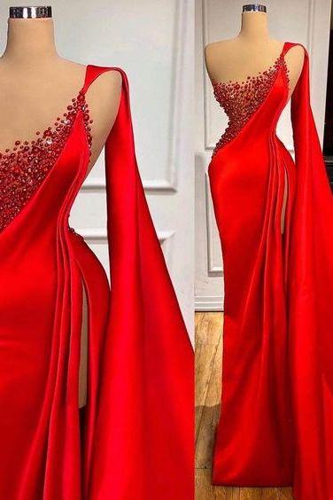 One Shoulder Red Prom Dresses Beaded Luxury Satin Elegant Vintage Prom Gown Vestidos De Noche