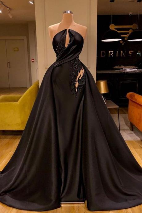 Black Prom Dresses Long Satin Beaded Elegant Detachable Skirt Prom Gown Robe De Soiree