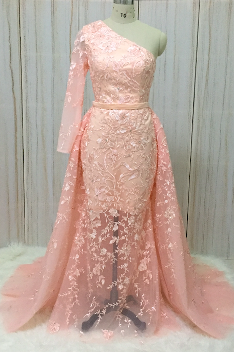 One Shoulder Pink Prom Dresses 2024 Vestidos De Fiesta Lace Applique Luxury Elegant Tulle Prom Gown With Detachable Skirt Vestidos De Graduacion