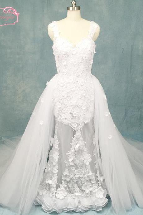 white wedding dresses with detachable skirt lace applique 3d flowers elegant cheap bridal dresses wedding gown vestidos de novia 