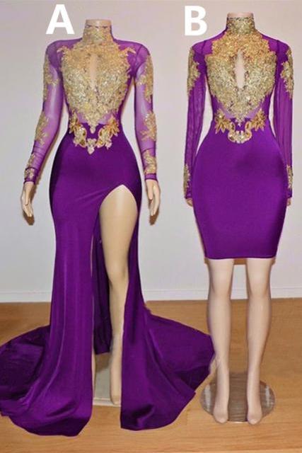 purple evening dresses long sleeve high neck lace applique elegant mermaid sexy formal party dresses vestidos de fiesta 