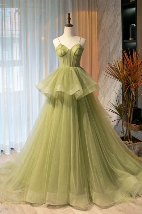 green tulle prom dresses long spaghetti strap elegant tiered a line prom gown vestido de fiesta 