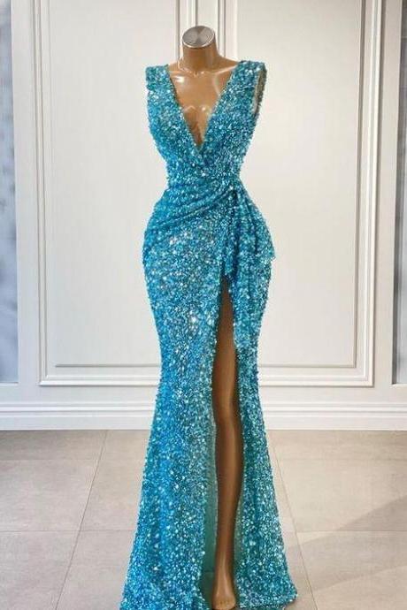 sparkly bling evening dresses long v neck sequin mermaid blue elegant modest evening gown robe de soiree 