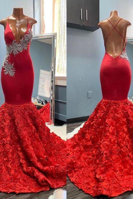 luxury red evening dresses long beaded lace applique mermaid 3d flowers modest evening gown vestido de noche