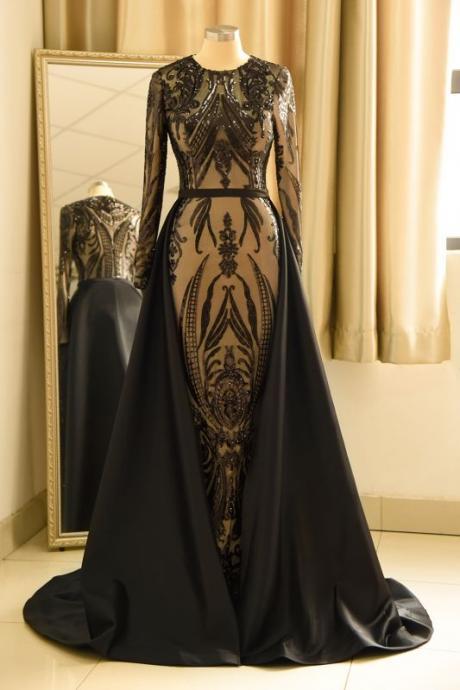 black prom dresses with detachable skirt satin sequin applique vintage elegant prom gown vestidos de fiesta de longo
