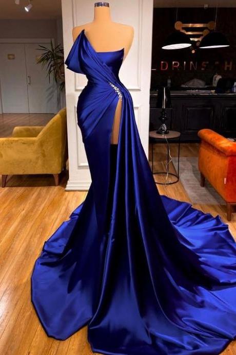 2022 modest simple evening dresses long royal blue beaded elegant satin formal party dresses robe de soiree 2023