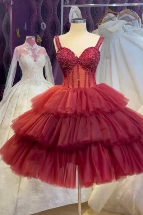 tiered burgundy prom dresses ball gown beaded sweetheart neck elegant tulle prom gown robes de cocktail 