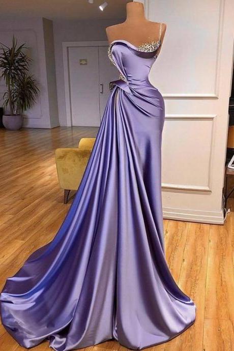 luxury beaded evening dresses long elegant mermaid purple satin modest amazing sleeveless formal party dresses robe femme