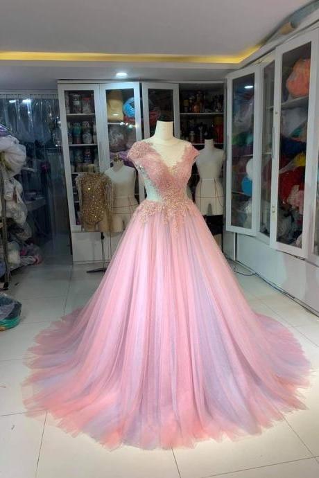 robe de soirée pink prom dresses cap sleeve lace applique beaded tulle prom gown pageant dresses for women vestidos de cocktail 