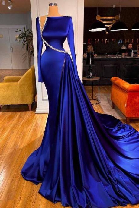 vestidos de noche largos elegantes modest evening dresses long sleeve royal blue beaded luxury elegant formal party dresses women evening robe de soiree 
