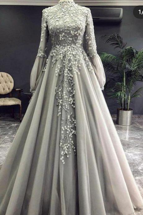 vestidos de fiesta high neck vintage prom dresses long sleeve lace applique silver gray muslim dubai fashion prom gown robes de cocktail