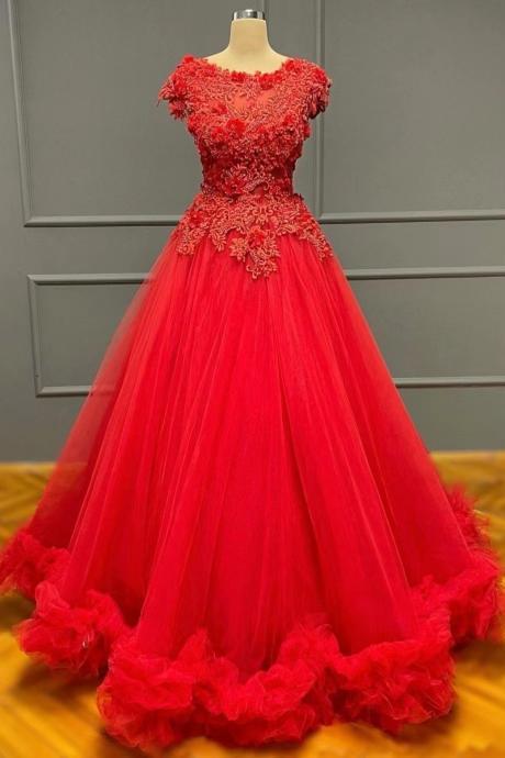 cap sleeve prom dresses 2022 red lace applique elegant tulle prom gown vestidos de fiesta de longo 2023 abendkleider 