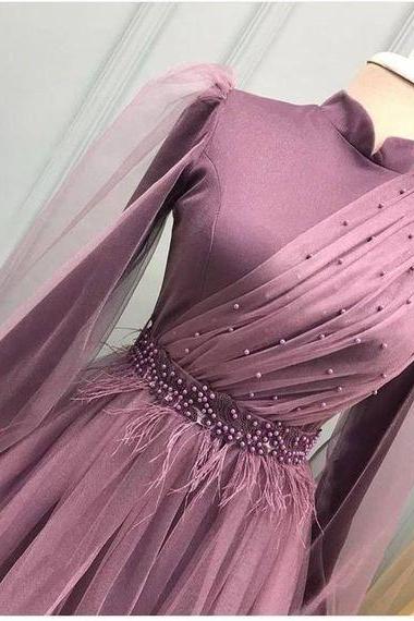 high neck dusty pink prom dresses 2023 long sleeve beaded elegant vintage feather tulle prom gown robes de cocktail muslim dubai fashion dress for women 2022 