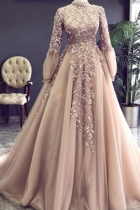 Lace Applique Champagne Prom Dresses Long Sleeve 2023 High Neck Elegant Tulle Prom Gown 2024 Robe De Soirée Femme