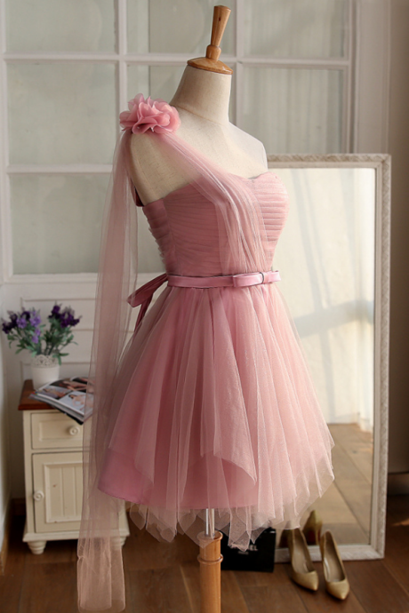 one shoulder pink bridesmaid dresses short tulle a line knee length 3d flowers cheap custom wedding guest dress brautjungfer kleider