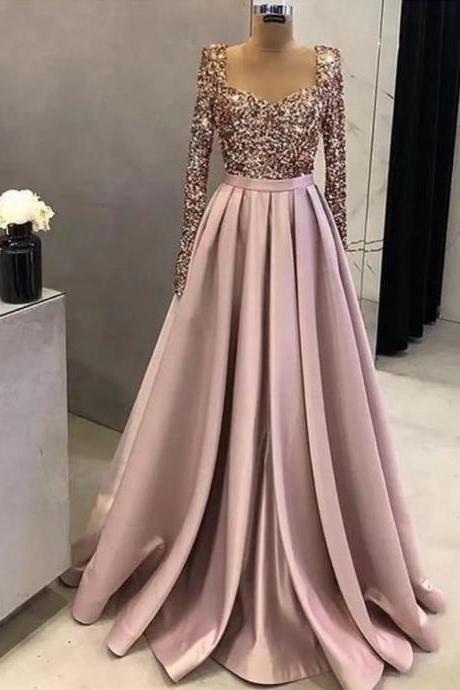 abendkleider rose pink prom dresses long sleeve elegant glitter sparkly a line cheap simple prom gown robes de cocktail