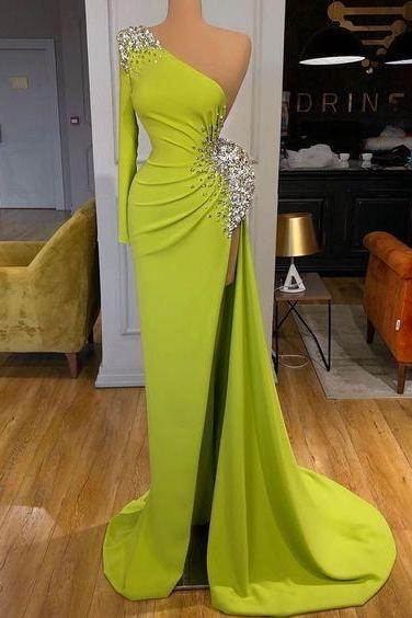 green evening dresses 2022 one shoulder beaded mermaid crystals formal party dresses 2023 vestidos de fiesta para bodas