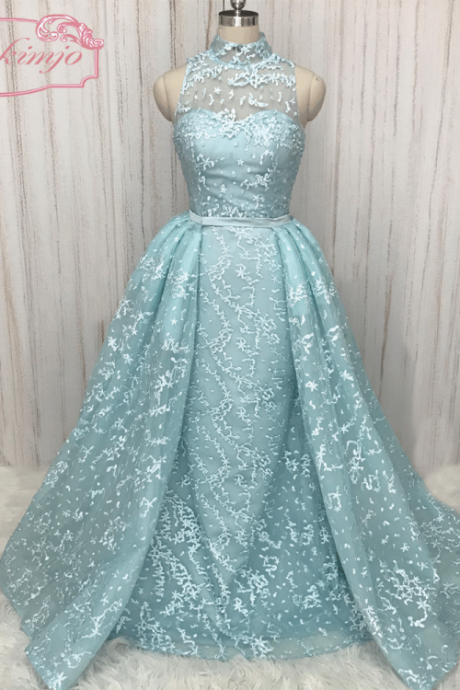 robe de soirée femme blue lace prom dresses with overskirt high neck elegant simple prom gown vestidos de cocktail 