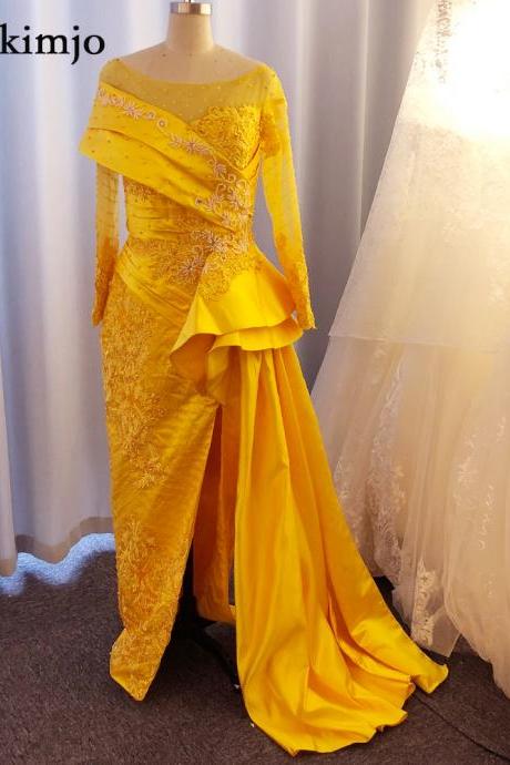 vestidos de fiesta long sleeve yellow beaded evening dresses 2022 luxury lace applique mermaid elegant modest formal party dresses 2023 abendkleider
