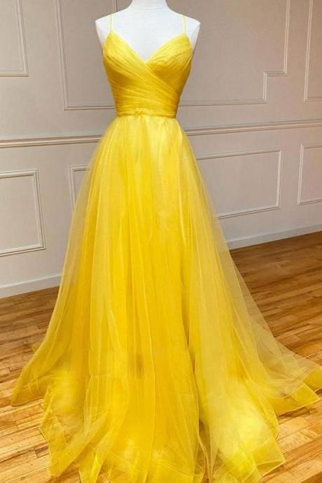 spaghetti strap yellow prom dresses a line tulle cheap simple sexy prom gown robe de bal 