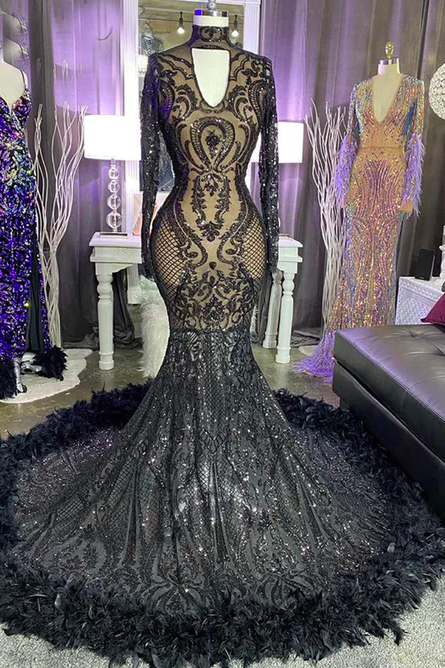 luxury mermaid prom dresses long sleeve high neck sparkly feather black formal evening dresses vestidos de fiesta de longo