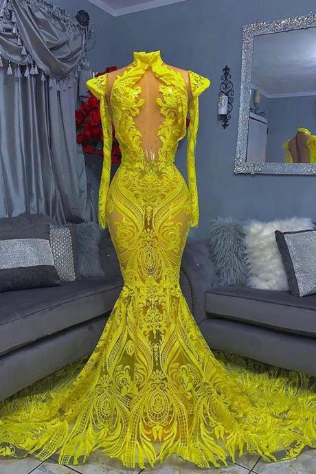 glitter yellow prom dresses long sleeve mermaid modest elegant sparkly lace applique prom gown robe de soiree vestidos de fiesta