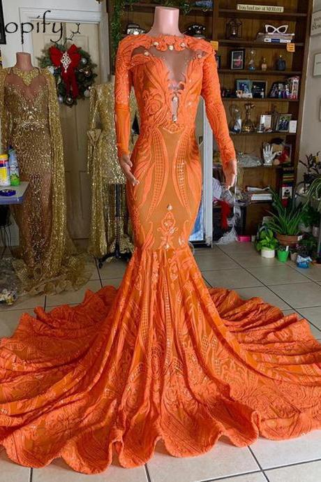 robes de soirée femme orange glitter prom dresses long sleeve mermaid elegant modest prom gown vestidos de fiesta 