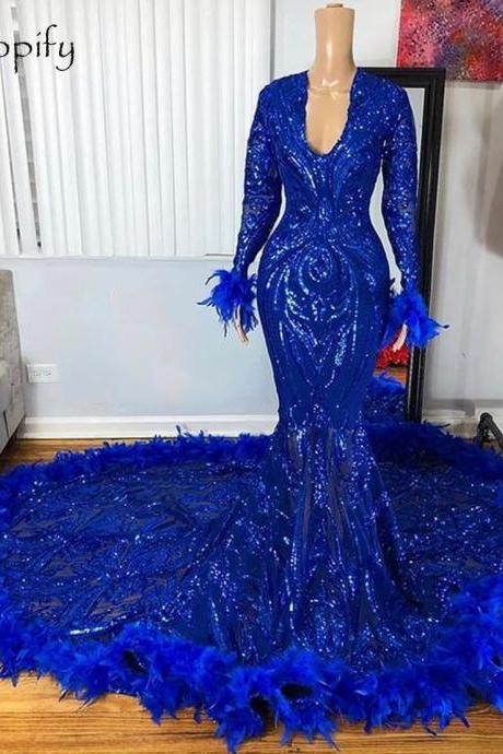 vestido festa luxo royal blue feather prom dresses for women 2022 sparkly glitter v neck modest elegant formal party dresses 2023 robe de soiree
