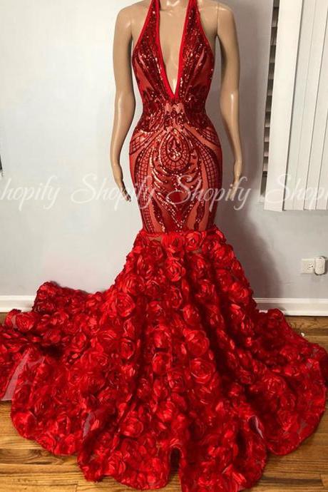 vestidos elegantes para mujer red sparkly prom dresses 2022 long sleeve mermaid halter luxury 3d flowers mermaid prom gown 2023 abendkleider