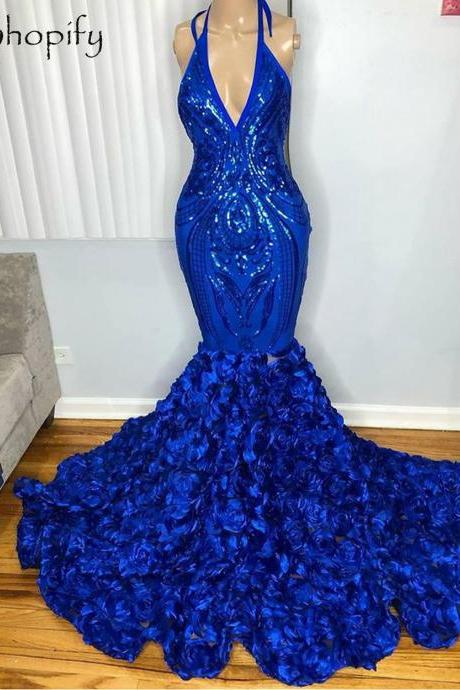 sexy formal dress royal blue mermaid halter sparkly prom dresses vestidos de fiesta de longo