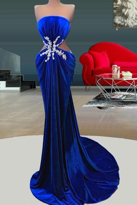 royal blue strapless evening dresses long beaded velvet mermaid elegant prom dresses simple formal dress vestidos de noche