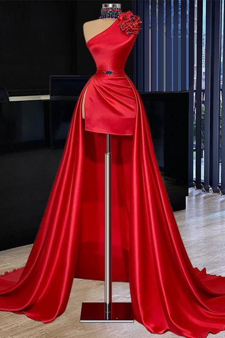 high neck red prom dresses 2022 beaded one shoulder elegant satin cheap formal dresses 2023 vestidos de cocktail