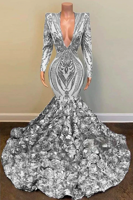 robe de soirée femme silver mermaid prom dresses long sleeve v neck elegant cheap 3d flowers prom gown vestidos de fiesta