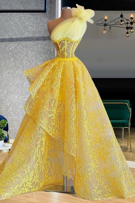 one shoulder yellow prom dresses 2022 newest fashion lace applique tulle elegant prom gown 2023 robe de bal