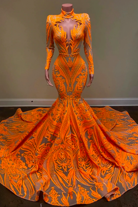 vestidos elegantes para mujer orange prom dresses long sleeve high neck sequin applique glitter elegant formal evening dress robe de soiree