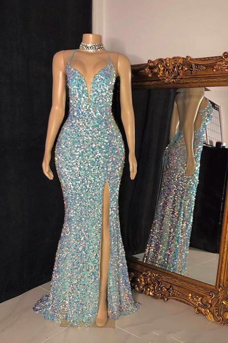 Blue Sparkly Evening Dresses Long Mermaid Modest Elegant Glitter Formal Dresses Abendkleider
