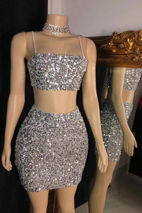 glitter shinny evening dresses short 2 piece silver mermaid sexy formal dresses robe de soiree cocktail party dresses