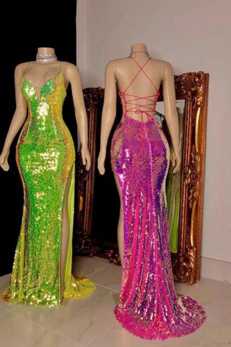 green sparkly evening dresses long spaghetti strap sexy mermaid cheap prom dresses for women vestidos de fiesta de longo 