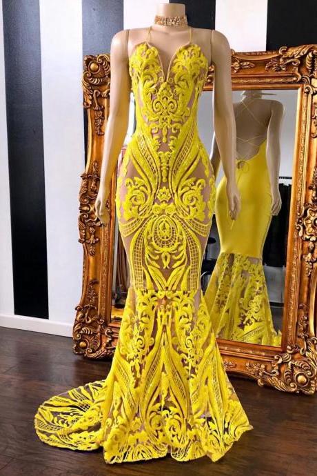 halter mermaid prom dresses long yellow sparkly sequin applique modest simple prom gown formal party dresses vestidos de noche