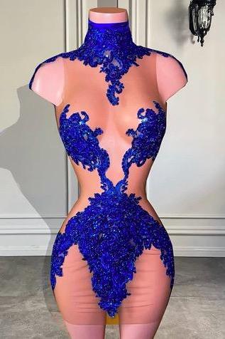 2022 new fashion sexy formal party dresses royal blue mermaid lace applique evening dresses short 2023 cocktail night party dresses club dress