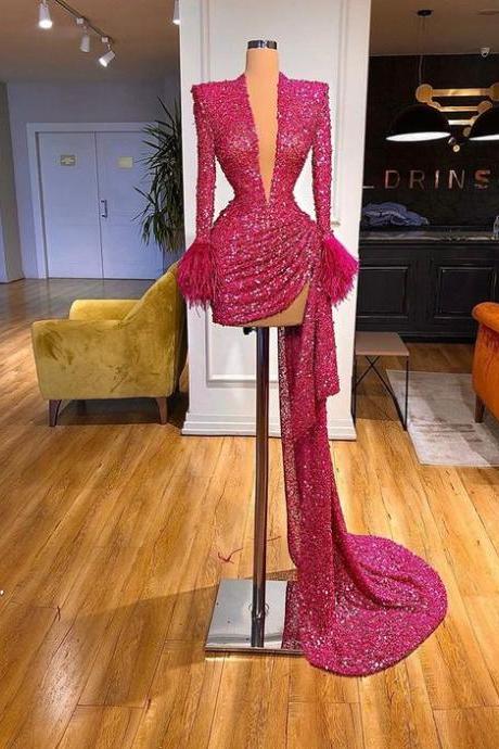 2022 fashion women prom dresses sparkly glitter formal dresses long sleeve feather mermaid luxury elegant prom gown 2023 abendkleider