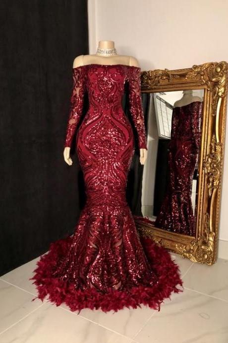 burgundy prom dresses sparkly long sleeve off the shoulder feather mermaid prom gown women fashion new design robe de soirée femme
