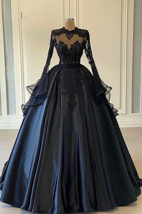 muslim vintage prom dresses ball gown lace applique beaded black modest elegant prom gown robes de cocktail vestidos de gala