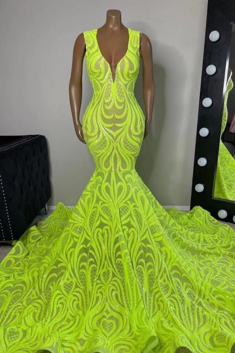 v neck elegant prom dresses 2022 new fashion custom make glitter lime green mermaid prom gown 2023 abendkleider vestidos de noche