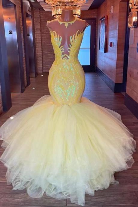 yellow sparkly prom dresses abendkleider robes de cocktail tulle mermaid elegant modest prom gown custom make formal party dresses 