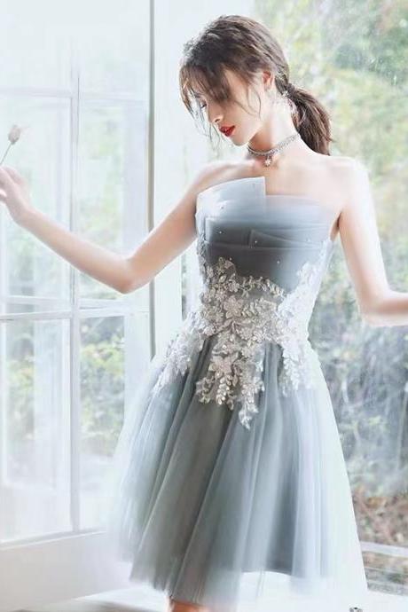 custom make silver gray prom dresses short lace applique beaded a line tulle cheap prom gown vestidos de mujer elegantes para fiesta 