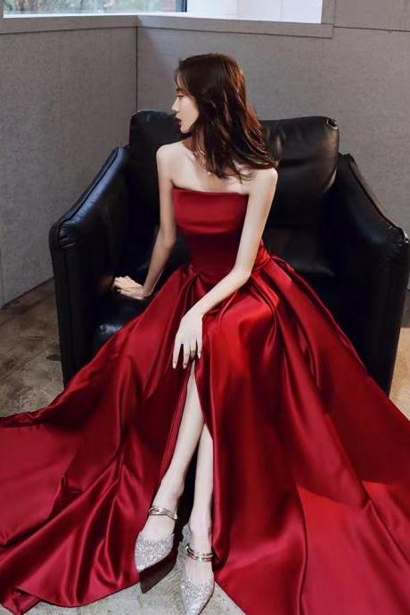 red prom dresses for women strapless satin a line simple elegant cheap prom gown with side slit vestidos de fiesta 